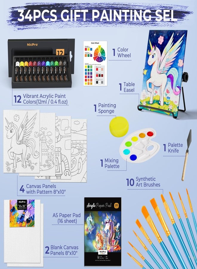 Nicpro 34PCS Unicorn Acrylic Paint Set with Pattern Canvas, Art Painting Supply Kit with 12(0.4/oz) Paints, 10 Brushes, 6 Canvas Panels, Table Easel, Paper Pad,Color Wheel,Palette for Beginner Student - Image 2
