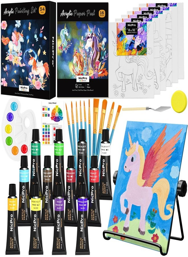 Nicpro 34PCS Unicorn Acrylic Paint Set with Pattern Canvas, Art Painting Supply Kit with 12(0.4/oz) Paints, 10 Brushes, 6 Canvas Panels, Table Easel, Paper Pad,Color Wheel,Palette for Beginner Student - Image 1