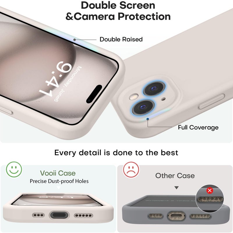 Vooii Compatible with iPhone 15 Case, Upgrade Defender Liquid Silicone, [Enhanced Camera Protection] [Soft Anti-Scratch Microfiber Lining] Shockproof Phone Case for iPhone 15 6.1 inch - Stone - Image 3