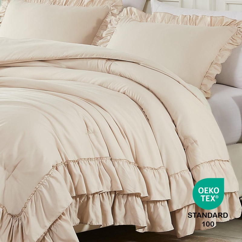 Cupocupa Beige Queen Comforter Set, 3Pcs Comforters Ruffle Farmhouse Bedding Sets Queen with Comforter, Lightweight Soft Shabby Chic Bedding Comforter Set Fluffy for All Season - Image 4