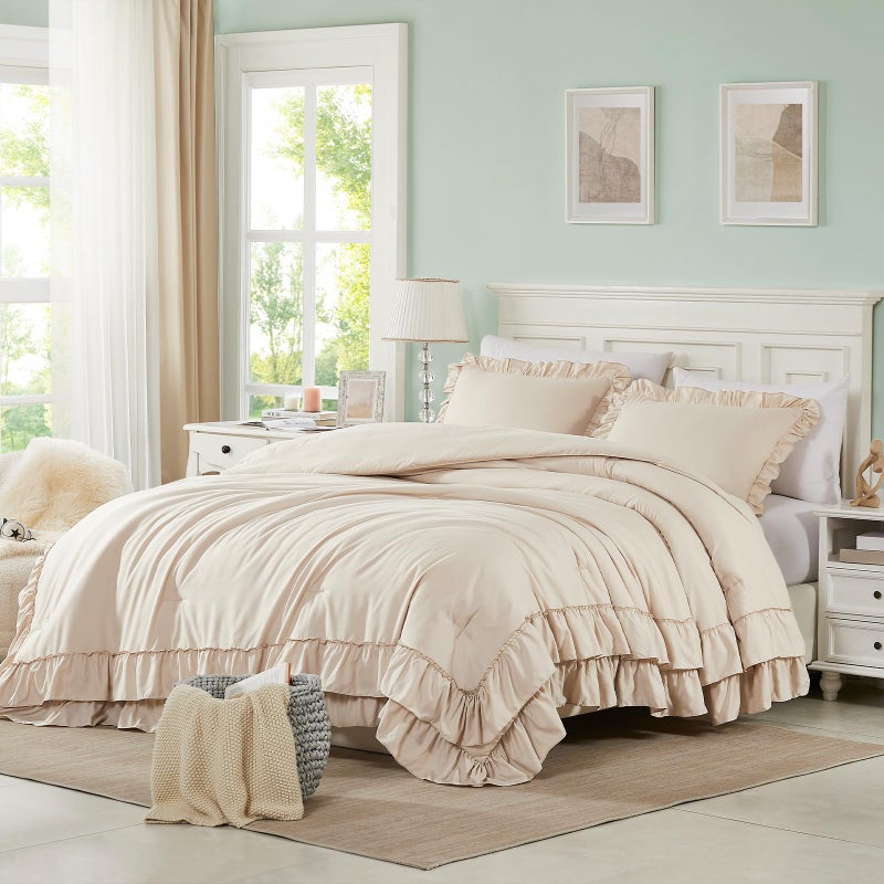 Cupocupa Beige Queen Comforter Set, 3Pcs Comforters Ruffle Farmhouse Bedding Sets Queen with Comforter, Lightweight Soft Shabby Chic Bedding Comforter Set Fluffy for All Season - Image 1