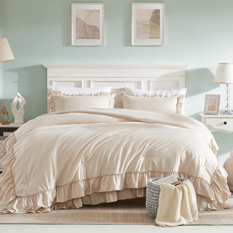 Cupocupa Beige Queen Comforter Set, 3Pcs Comforters Ruffle Farmhouse Bedding Sets Queen with Comforter, Lightweight Soft Shabby Chic Bedding Comforter Set Fluffy for All Season - Image 2