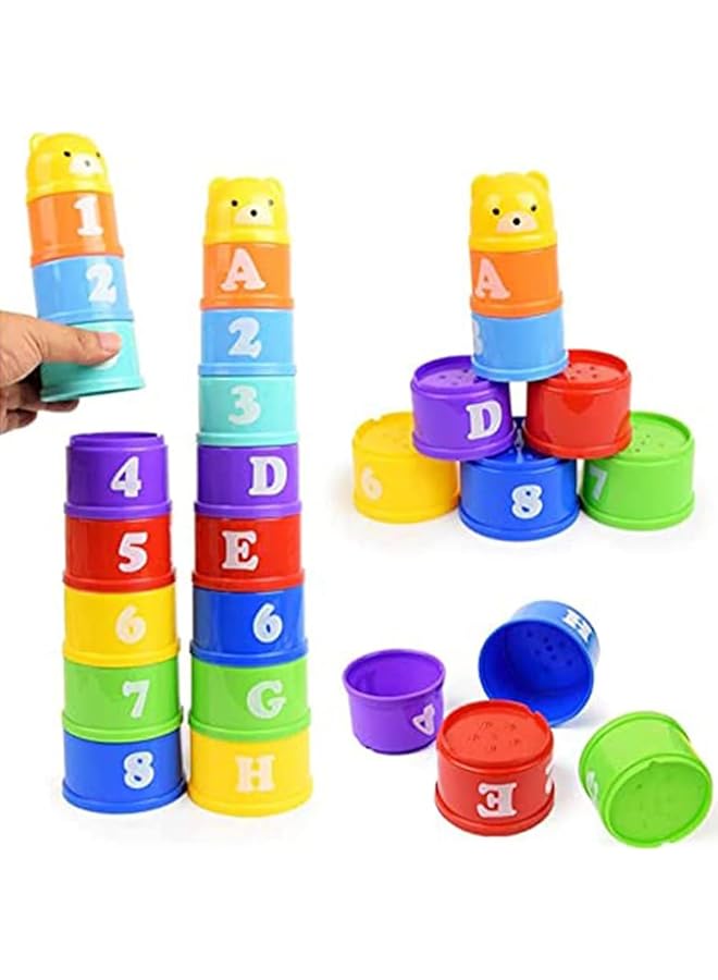 Tazweeq Stacking Cups 9 Pieces With Letters And Numbers Sound Folding Cup Toy Stacking Cups Game Toy For Baby Kids Childrens Educational Toy Bath Toys - Image 3