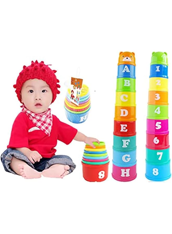 Tazweeq Stacking Cups 9 Pieces With Letters And Numbers Sound Folding Cup Toy Stacking Cups Game Toy For Baby Kids Childrens Educational Toy Bath Toys - Image 4