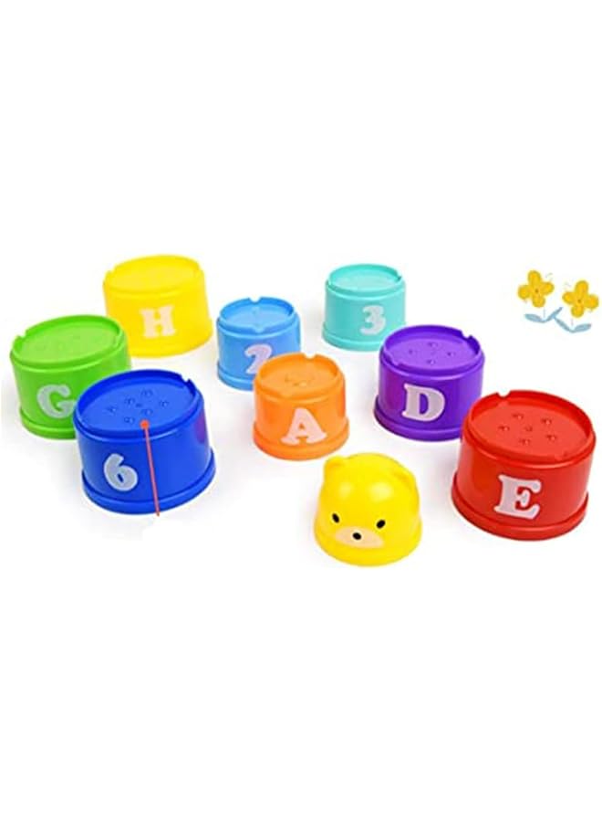 Tazweeq Stacking Cups 9 Pieces With Letters And Numbers Sound Folding Cup Toy Stacking Cups Game Toy For Baby Kids Childrens Educational Toy Bath Toys - Image 2