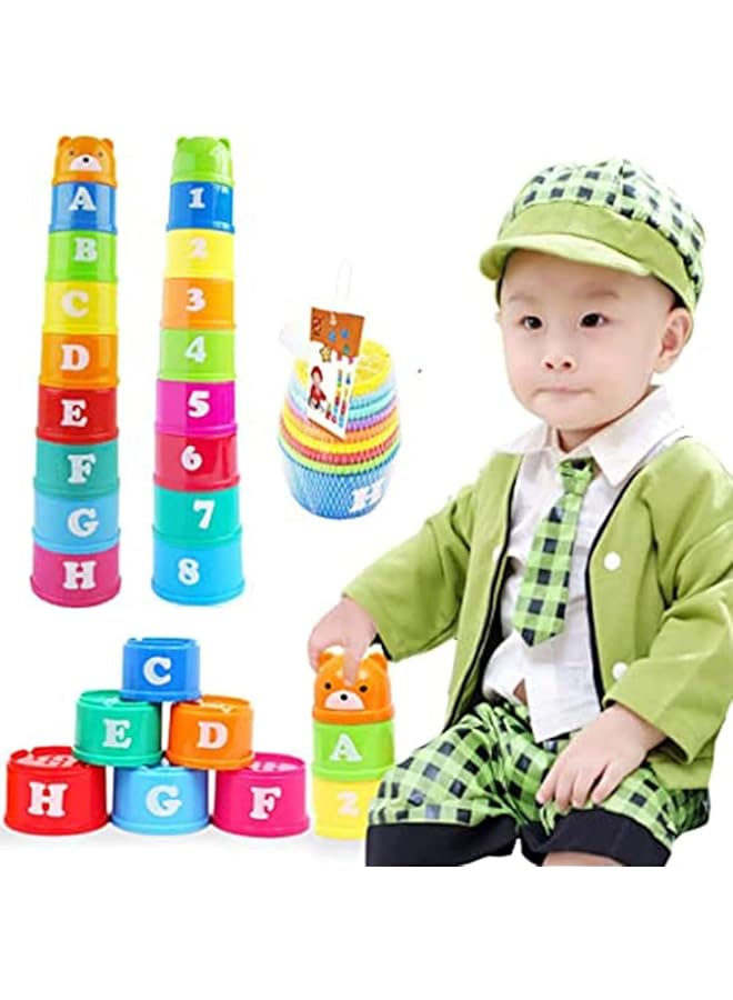 Tazweeq Stacking Cups 9 Pieces With Letters And Numbers Sound Folding Cup Toy Stacking Cups Game Toy For Baby Kids Childrens Educational Toy Bath Toys - Image 5