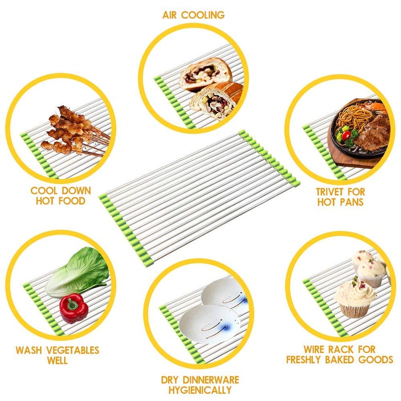 SCILLA Drain Rack for Dish Drying Vegetable Wash Utensils Crockery Drying Rack Foldable RollUp Stainless Steel Non Slip Silicone Multicolour - Image 4