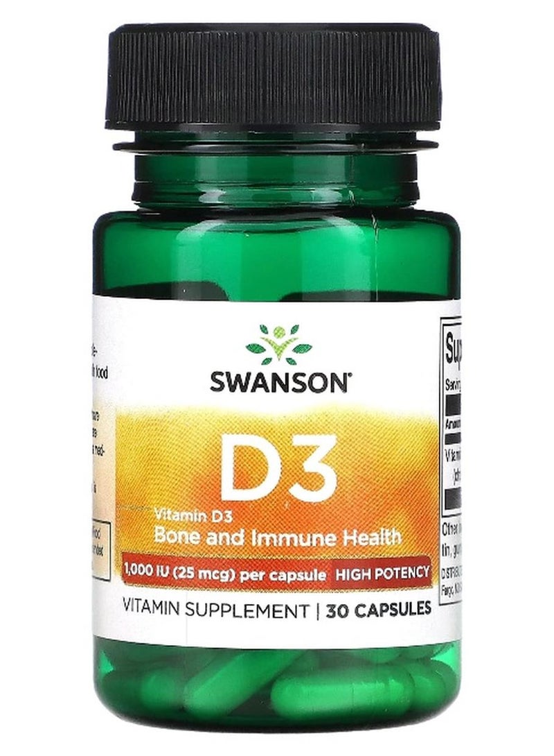 SWANSON سوانسون، فيتامين د3، قوة عالية، 25 ميكروغرام (1,000 وحدة دولية)، 30 كبسولة - Image 1