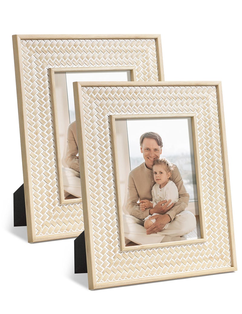 Sonefreiy 5x7 Picture Frame Boho Decor 5 x 7 Photo Frame Rattan Pattern Set of 2 for Wall and Tabletop Gift for Family Friends Mom Women Grandma Beige Yellow