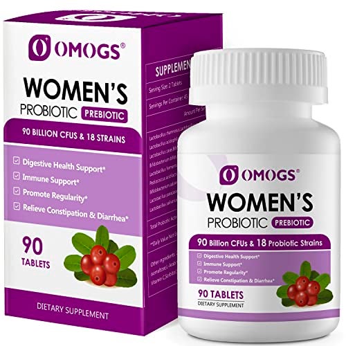 OMOGS Womens Probiotic with Cranberry Extract Organic Prebiotics Vitamin C 90 Billion CFUs18 Strains Help for Boost Immune Digestive Gut Health Womens Health Gluten Soy Free90 Tablets