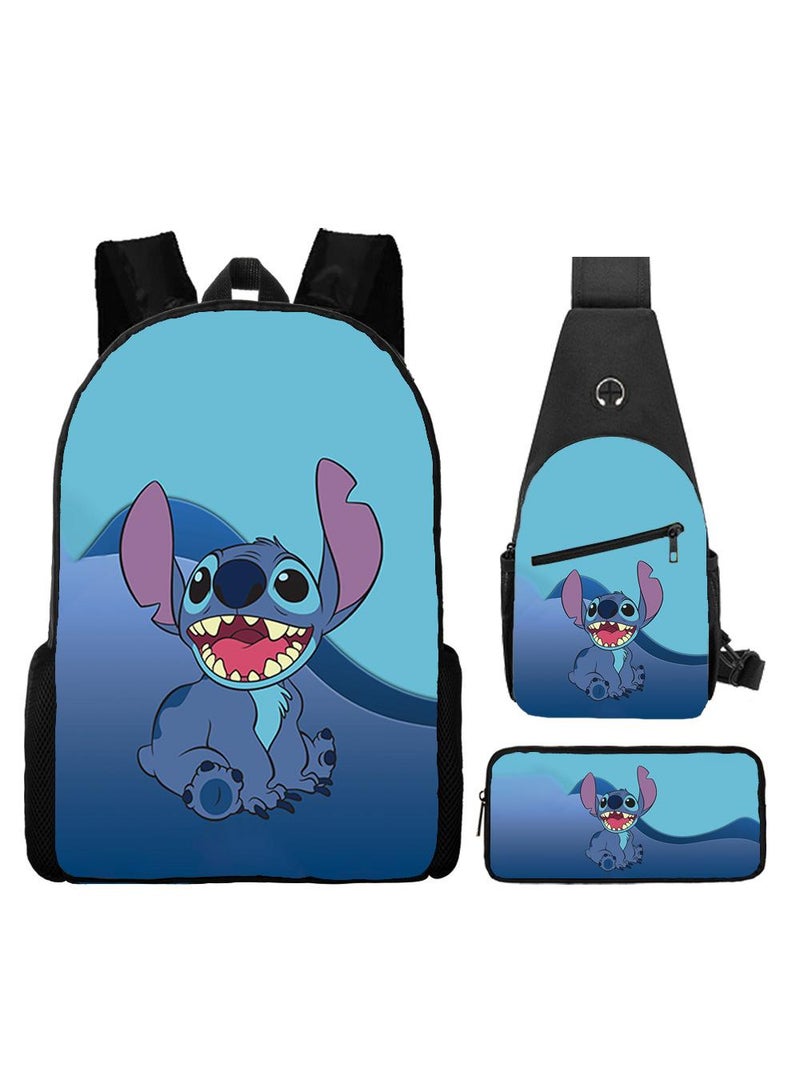 general 3-Piece Cartoon Stitch 3D Print Backpack Set - Image 1