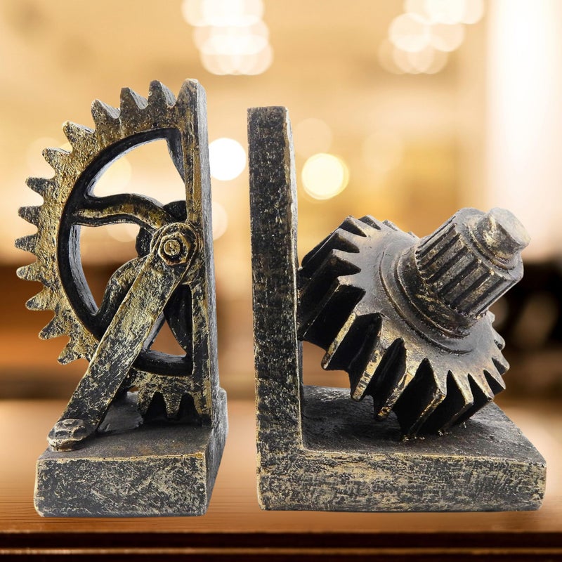 Decorative Bookend Gear Book Ends Industrial Rustic Vintage Unique Heavy Statues Bookshelves Support Home Decor Accents Large