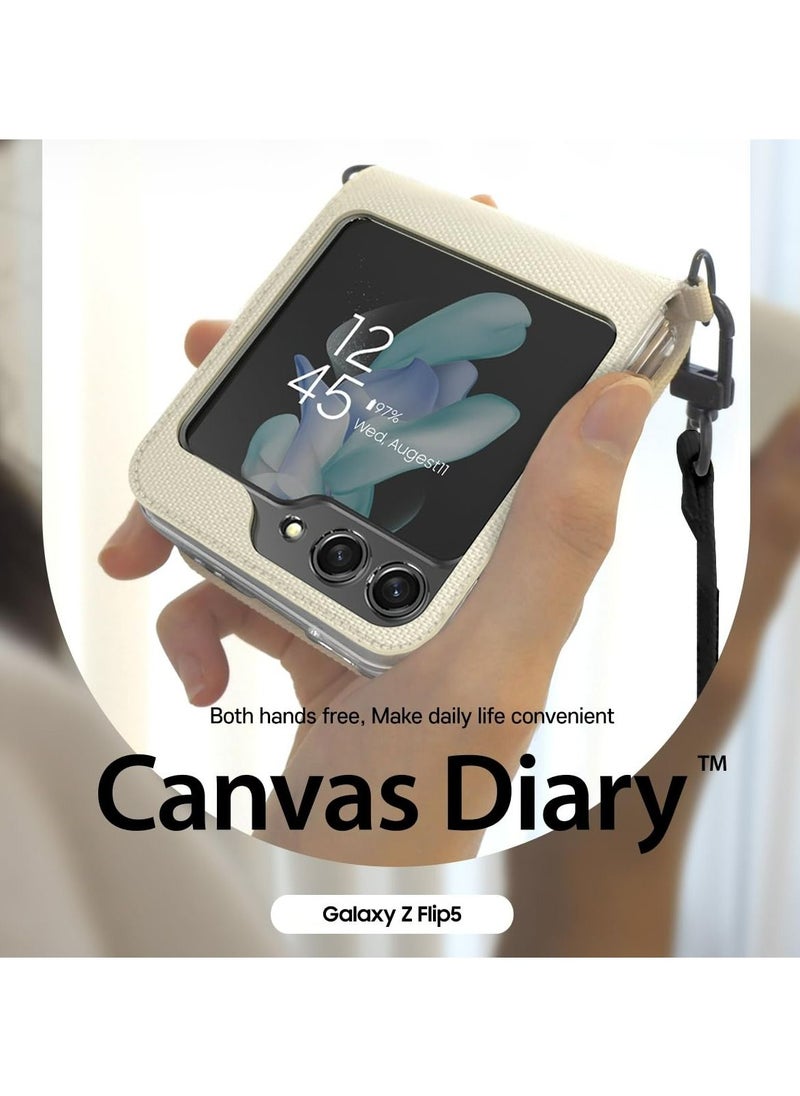 araree - Araree Canvas Diary Case for Samsung Galaxy Z Flip 5 5G with Adjustable Shoulder Strap, Shock-Absorbing Dual-Layer Protection, Hinge Protection, Full Fabric Flip Cover, and Convenient Neck/Shoulder Carry – Ivory - Image 1