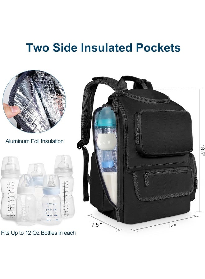 Mancro Baby Changing Bags Backpack with 2 Insulated Pocket for Feeding Bottles, Travel Nappy Bags Rucksack with Stroller Clips, Wide Open Compartment Multifunctional Diaper Baby Bag for Mom Dad, Black - Image 4