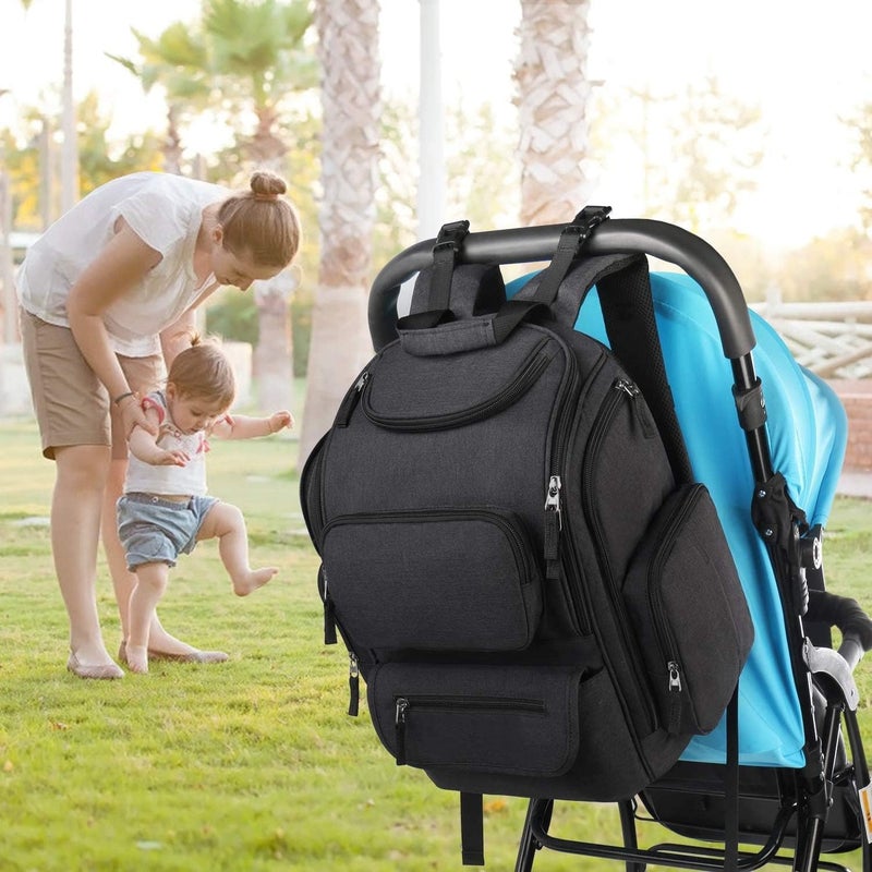 Mancro Baby Changing Bags Backpack with 2 Insulated Pocket for Feeding Bottles, Travel Nappy Bags Rucksack with Stroller Clips, Wide Open Compartment Multifunctional Diaper Baby Bag for Mom Dad, Black - Image 2