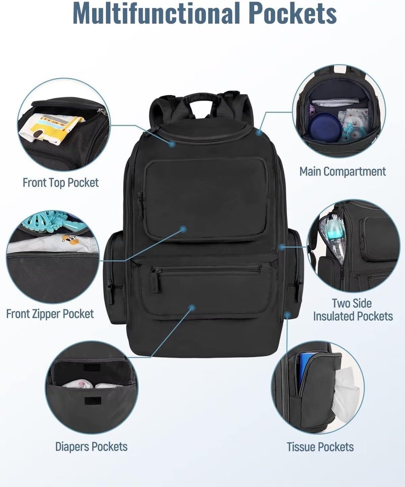 Mancro Baby Changing Bags Backpack with 2 Insulated Pocket for Feeding Bottles, Travel Nappy Bags Rucksack with Stroller Clips, Wide Open Compartment Multifunctional Diaper Baby Bag for Mom Dad, Black - Image 5