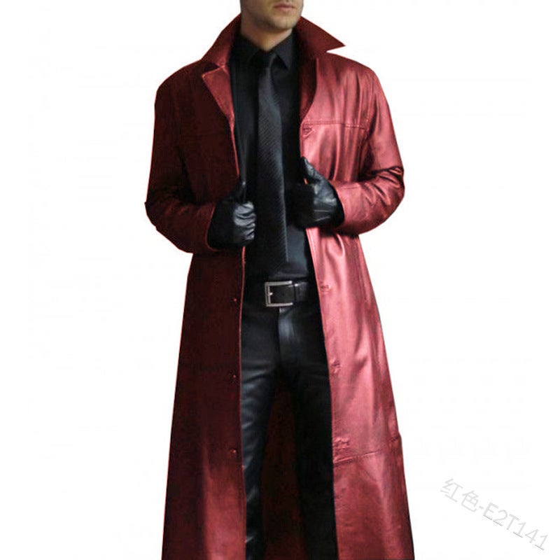 2022 new mens lapel color trench coat slim leather long PU leather men 1217PY41-special P75 Black - Image 3