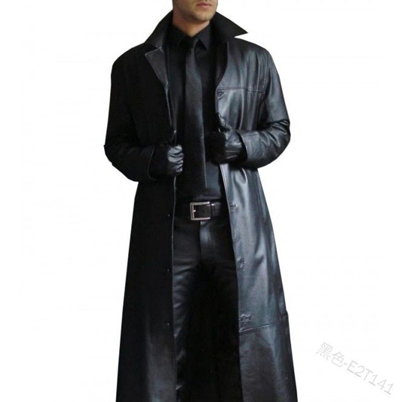 2022 new mens lapel color trench coat slim leather long PU leather men 1217PY41-special P75 Black - Image 1