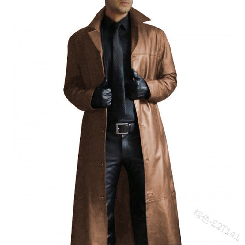 2022 new mens lapel color trench coat slim leather long PU leather men 1217PY41-special P75 Black - Image 2
