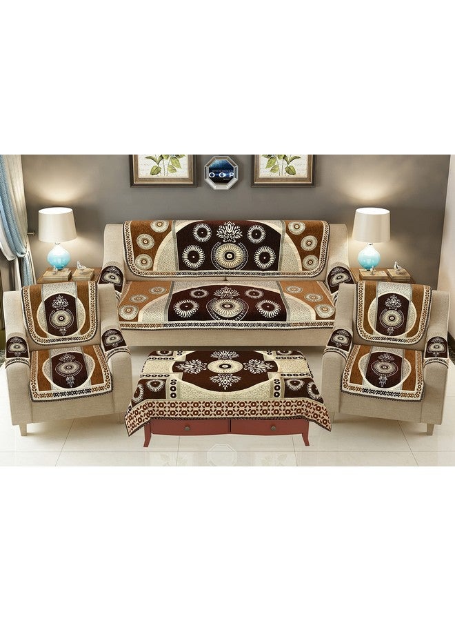 jayvaam Sawna Homes 5 Seater Sofa Cover Set - 3 + 1+1 Chennile Heavy Velvet Fabric Sofa Cover Back 5 Seater With 6 Pcs Arms Sofa Cover And Centre Table Cover, Coffee - Image 1