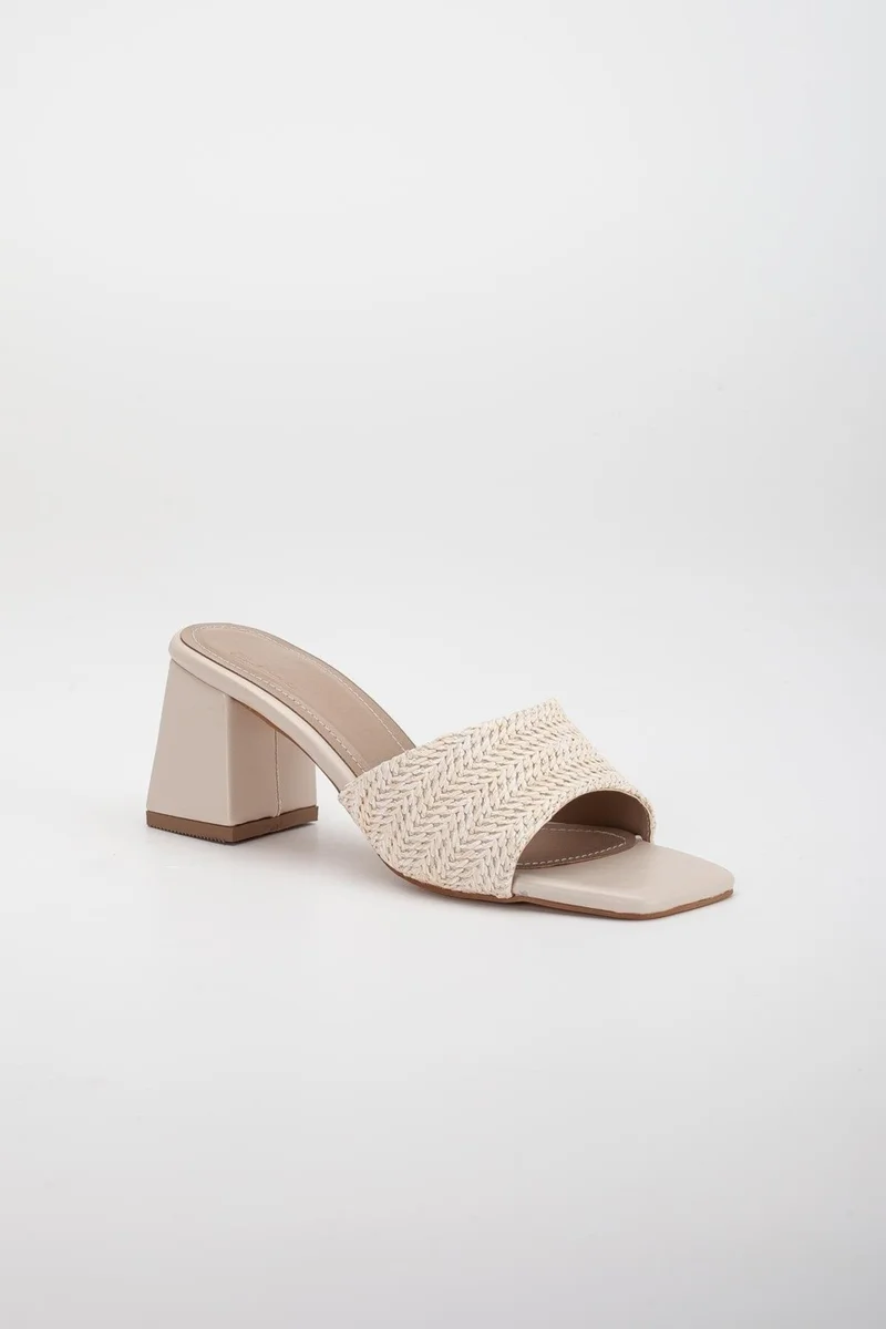 Dilimler Ayakkabı Slices Shoes Straw and Flat Tekbant Beige Women's Heeled Slippers