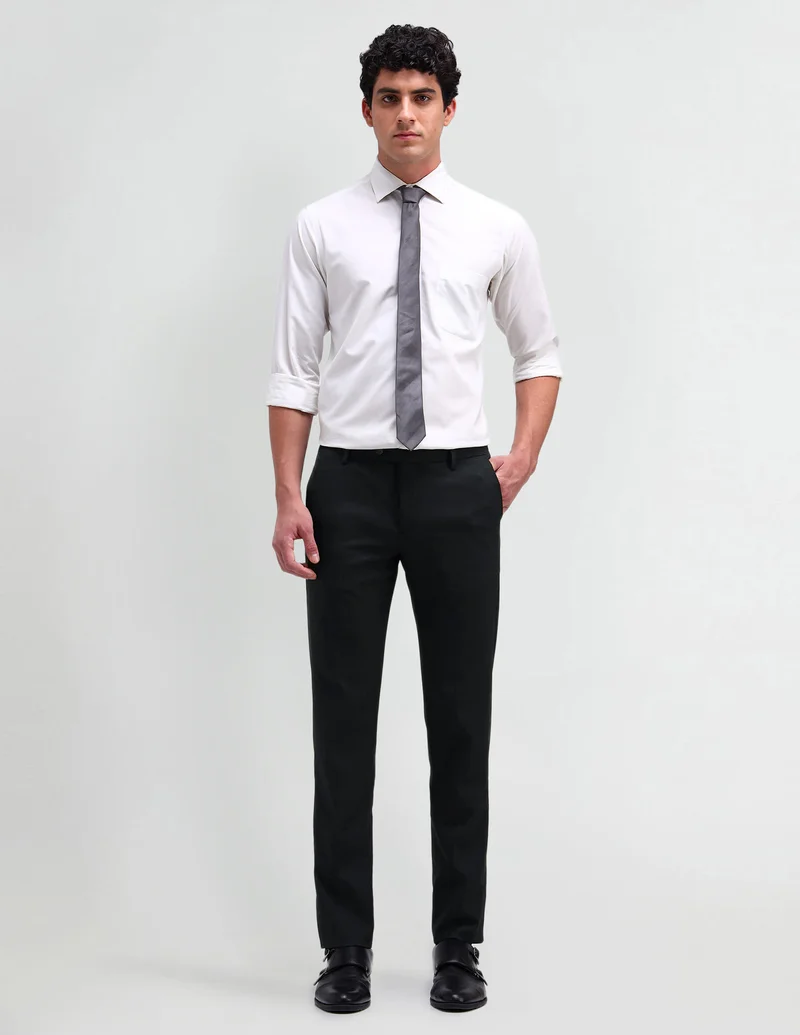 Arrow Charcoal-Grey Denver Slim Fit Solid Trousers for Men | Best Price UAE