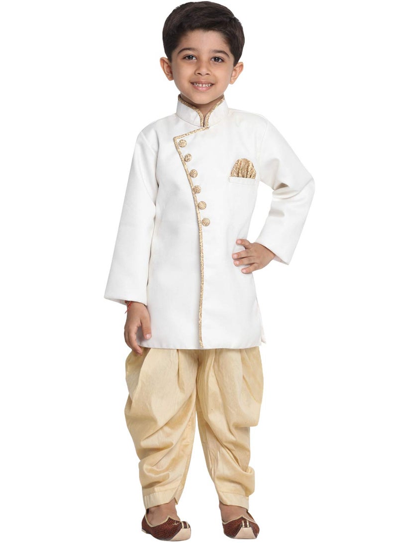 JBN Creation Kids Boys' White And Gold Cotton Blend Sherwani And Casual Style Dhoti Pant Set_Jbnbciw123Ncdgo_32, 9-10 Years - Image 1