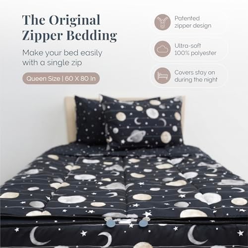 Beddy's Outer Space Themed Durable Zipper Bedding for Kids/Teens - Bed in a Bag-Black Sheets & Universe Galaxy Comforter Stars & Solar System,Includes 2 Pillowcases & 2 Shams-Easy to Make & Wash-Queen - Image 2