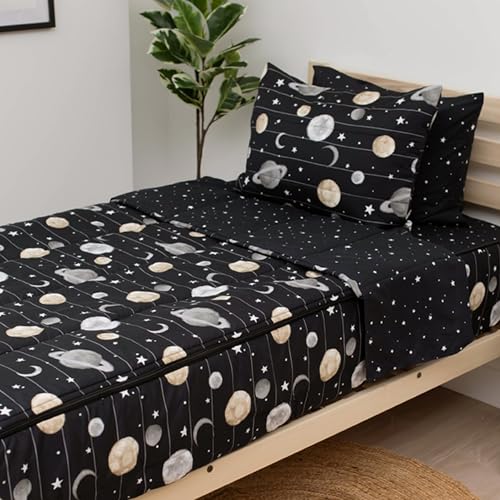 Beddy's Outer Space Themed Durable Zipper Bedding for Kids/Teens - Bed in a Bag-Black Sheets & Universe Galaxy Comforter Stars & Solar System,Includes 2 Pillowcases & 2 Shams-Easy to Make & Wash-Queen - Image 1