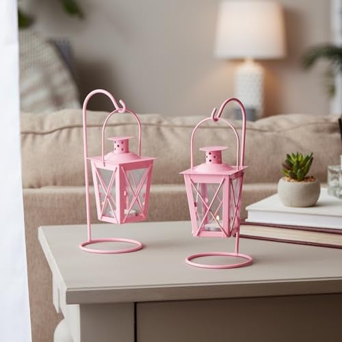 Zingz & Thingz Dual Hanging Tabletop Railroad Candle Lanterns, Decorative Light Home Decor, 9" Tall, Pink - Image 5