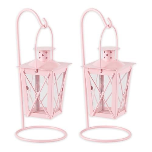 Zingz & Thingz Dual Hanging Tabletop Railroad Candle Lanterns, Decorative Light Home Decor, 9" Tall, Pink - Image 1