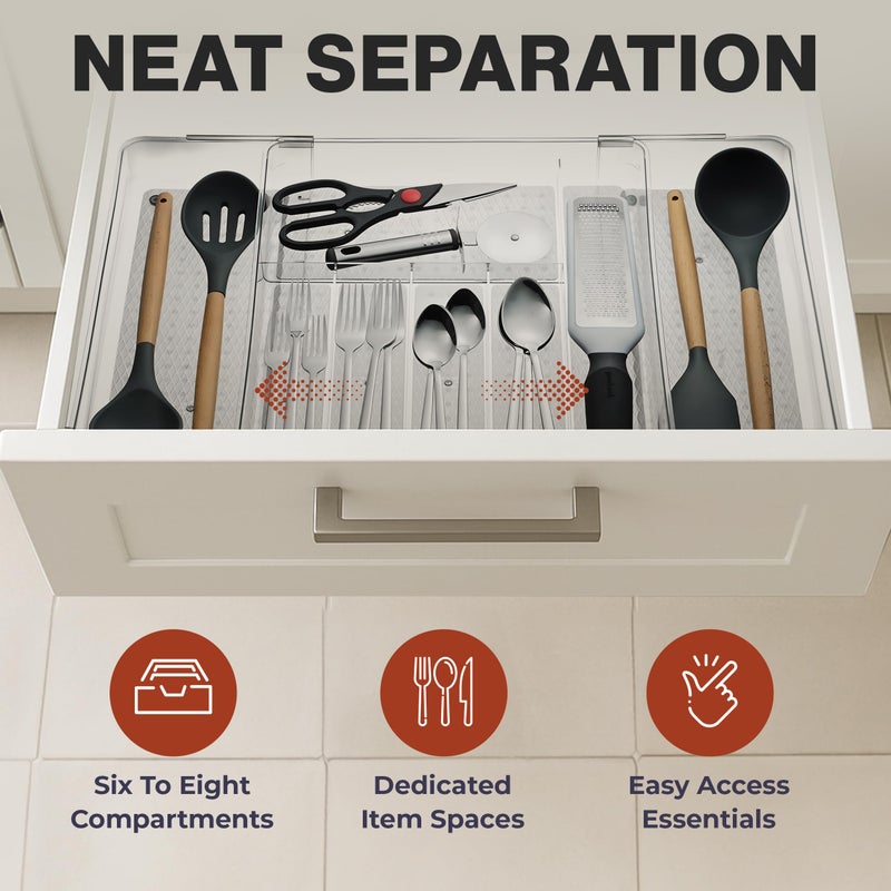 Masirs Expandable Utensil Drawer Organizer - BPA-Free Plastic Clear Silverware Tray with Multiple Compartments - Non-Slip Cutlery Storage for Kitchen, Bathroom, or Office Drawers (Grey) - Image 3