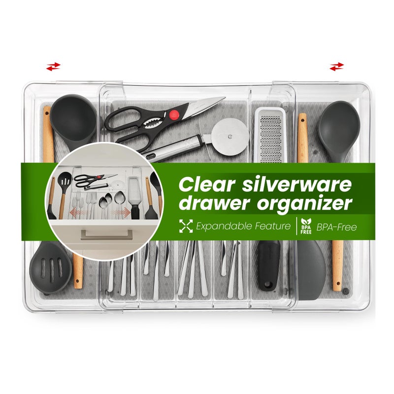 Masirs Expandable Utensil Drawer Organizer - BPA-Free Plastic Clear Silverware Tray with Multiple Compartments - Non-Slip Cutlery Storage for Kitchen, Bathroom, or Office Drawers (Grey) - Image 1