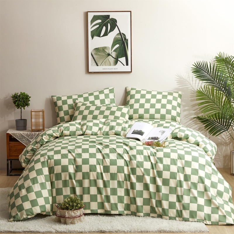 CLOTHKNOW Green White Plaid Full Size Comforter Sets Grid Bedding Comforter Sets Soft Checker Geometric Comforter with 2 x Pillow Cases