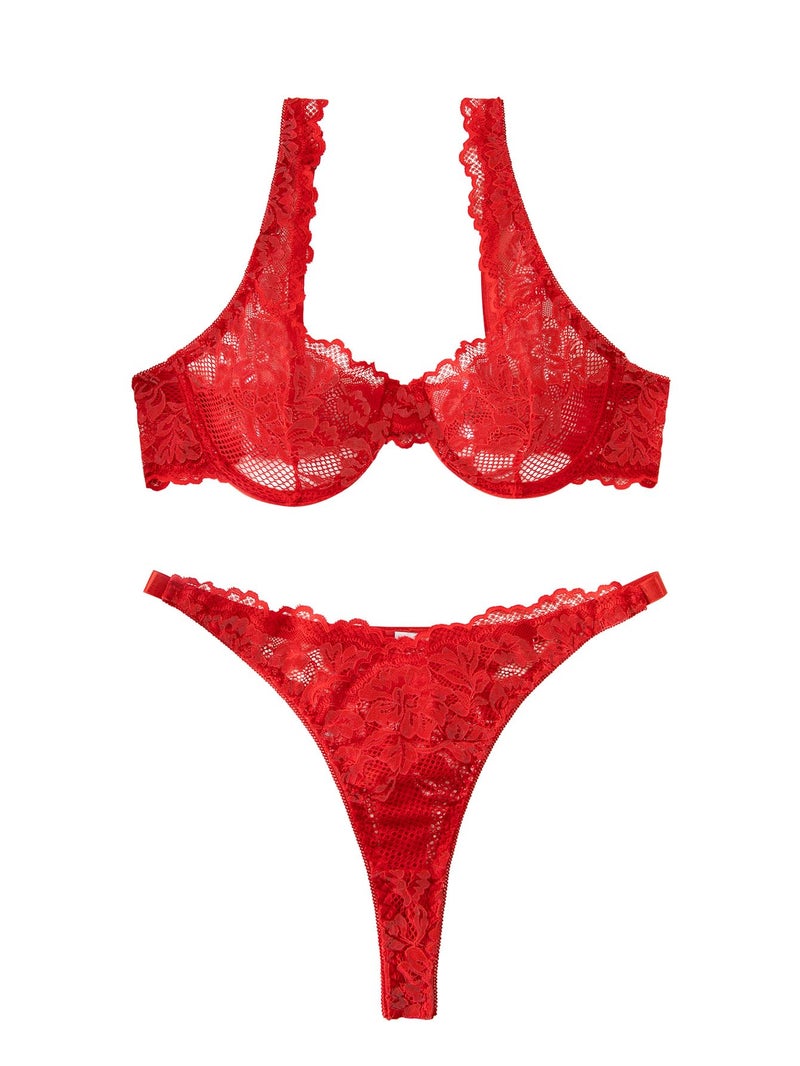 Lilosy Sexy Floral Lace Scallop Underwire Push Up Sheer Lingerie Set Outfits Women See Through Match Thong Bra and Panty 2 Piece Red Medium - Image 5