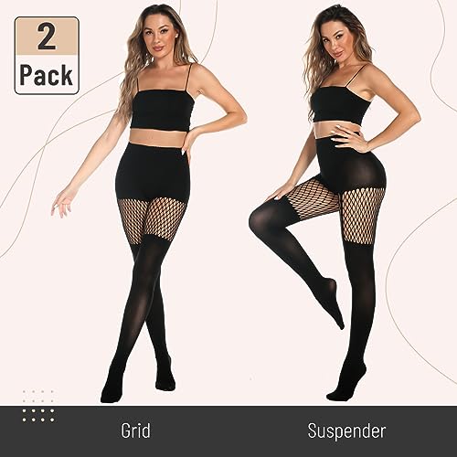 MANZI Womens Faux Thigh High Fishnet Stockings Stitching Opaque Pantyhose Mock Over the Knee Goth Tights Striped Suspender Nylons(1 Grid+1 Suspender) - Image 2