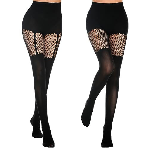 MANZI Womens Faux Thigh High Fishnet Stockings Stitching Opaque Pantyhose Mock Over the Knee Goth Tights Striped Suspender Nylons(1 Grid+1 Suspender) - Image 1