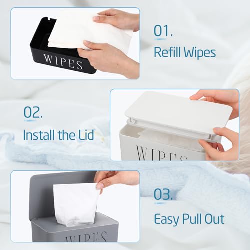 Singhoow 3 Pack Baby Wipes Dispenser Holder Wipe Container for Bathroom with Lid Toilet Tissue Paper Storage Refillable Box for Home Office Cars(Small,Black, White, Gray) - Image 3