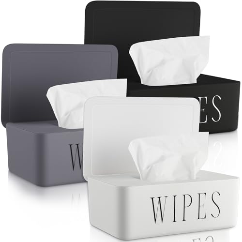 Singhoow 3 Pack Baby Wipes Dispenser Holder Wipe Container for Bathroom with Lid Toilet Tissue Paper Storage Refillable Box for Home Office Cars(Small,Black, White, Gray) - Image 1