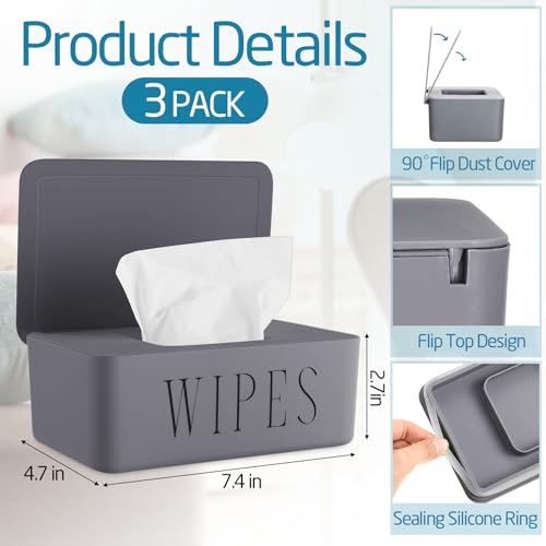 Singhoow 3 Pack Baby Wipes Dispenser Holder Wipe Container for Bathroom with Lid Toilet Tissue Paper Storage Refillable Box for Home Office Cars(Small,Black, White, Gray) - Image 2
