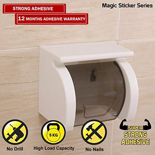 FABWARE Self Adhesive Toilet Paper Holder with Cover| No Drill Wall Mount Tissue Roll Holder | Waterproof Bathroom Organizer | Space Saving Toilet Roll Stand with Phone Shelf Transparent Lid - Image 2