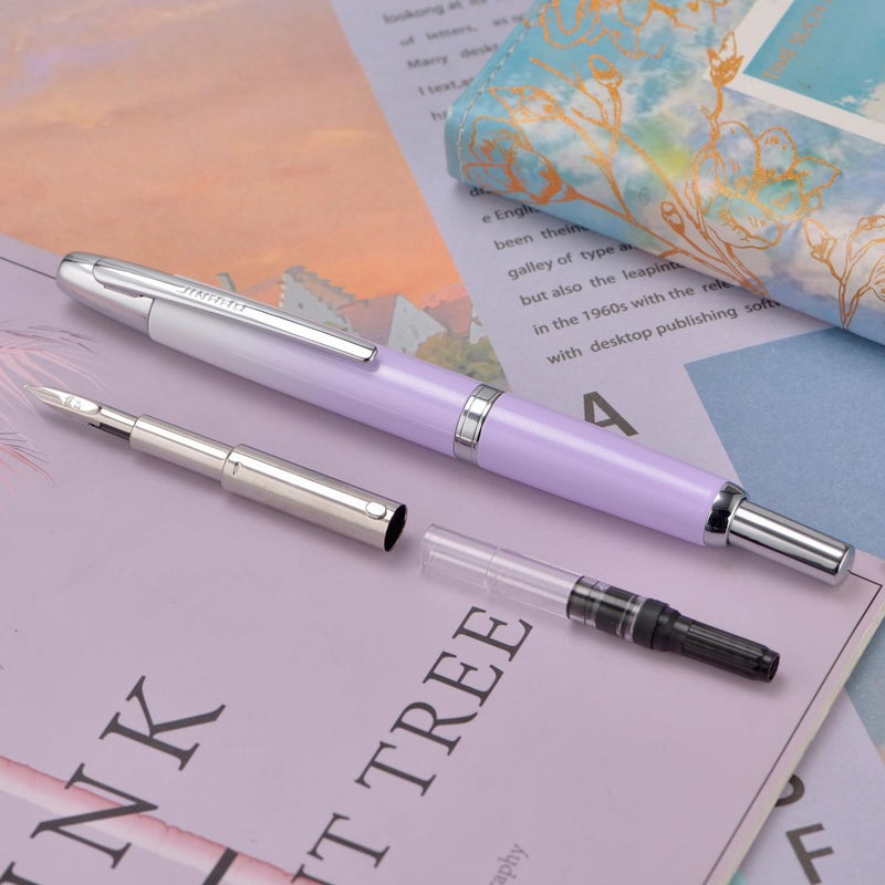 Wikult Jinhao 10 Press Fountain Pen with Box, Gradient Light Purple Retractable Extra Fine Nib with Ink Converter Set (Silver Clip) - Image 3