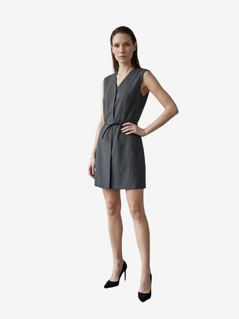 My Fashion Black MY FASHION Belted V-Neck Sleeveless Mini Shift Dress for Women | Best Price UAE