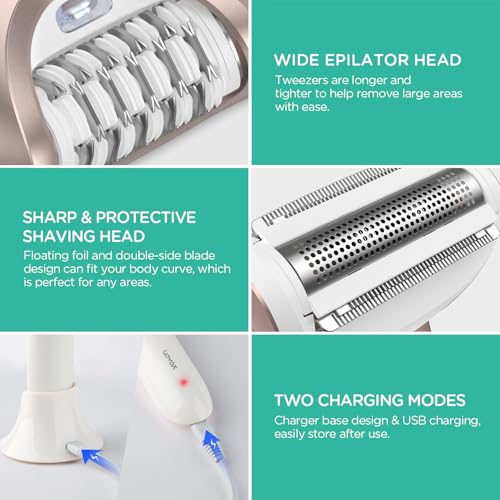 VOYOR Epilator for Women, 3 in 1 Epilator Hair Removal for Women, Epilators Hair Remover for Leg Arm with 30 Tweezers, Rechargeable & Cordless Electric Lady Shaver & Trimmer BM300 (Champagne Gold) - Image 5