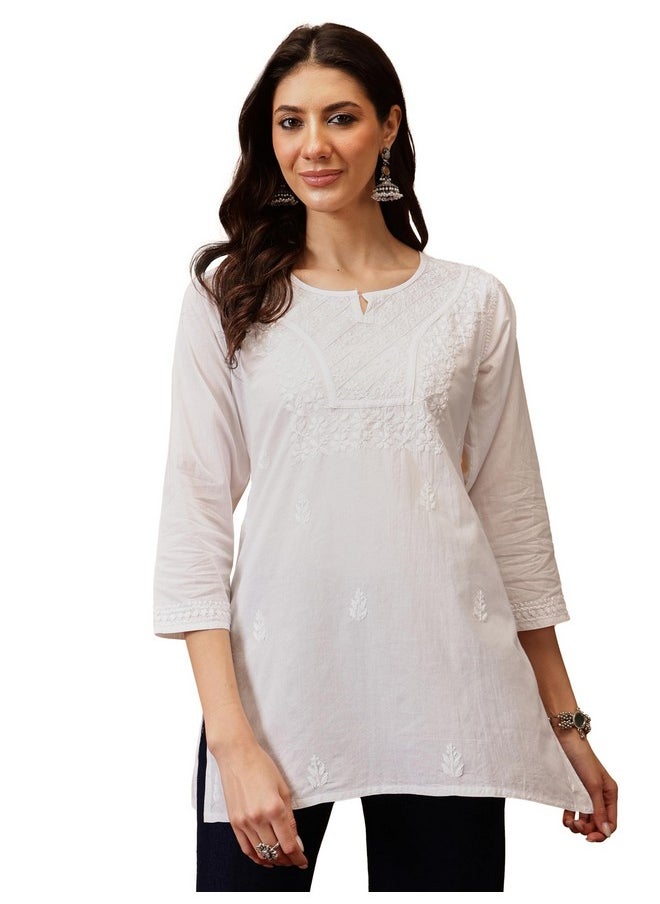 ADA - Ada Cotton Straight Top Tunic Lucknowi Hand Embroidered Chikankari Short Kurti for Women A911364 White (L) - Image 1