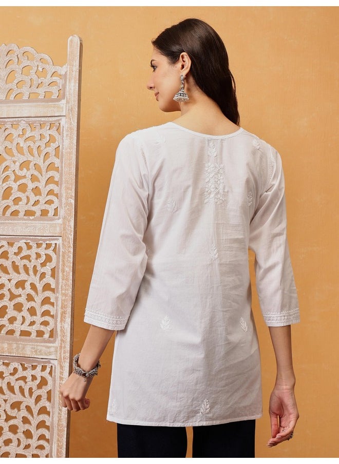 ADA - Ada Cotton Straight Top Tunic Lucknowi Hand Embroidered Chikankari Short Kurti for Women A911364 White (L) - Image 1