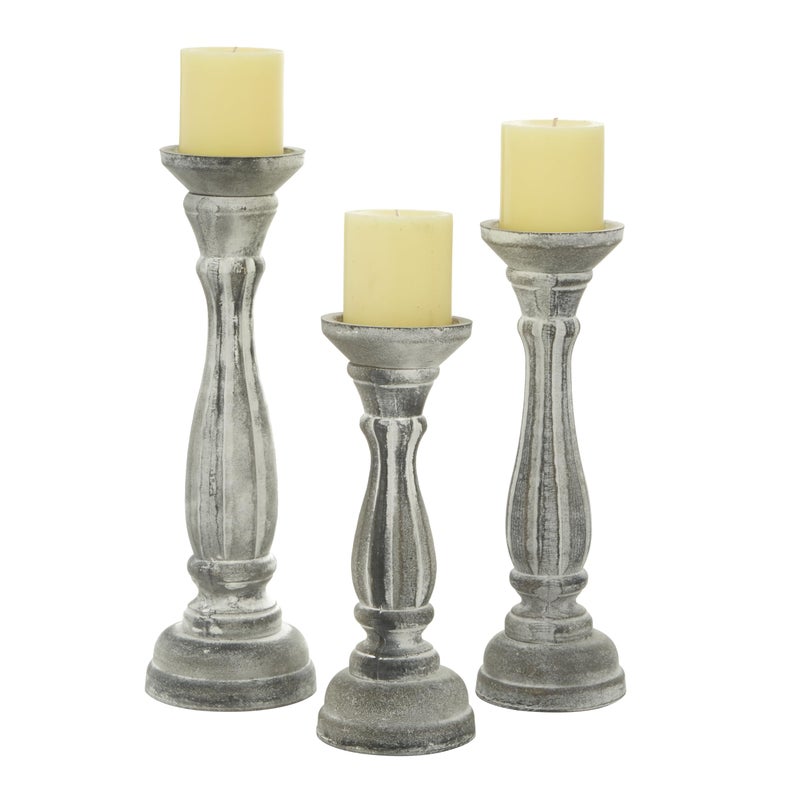 Deco 79 Wooden Decorative Candle Holder Distressed Turned Candle Stand, Set of 3 Candlestick Holder 15", 13", 11"H, Gray - Image 1