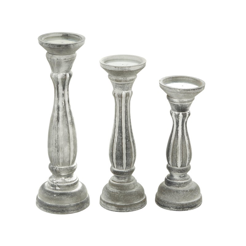 Deco 79 Wooden Decorative Candle Holder Distressed Turned Candle Stand, Set of 3 Candlestick Holder 15", 13", 11"H, Gray - Image 3