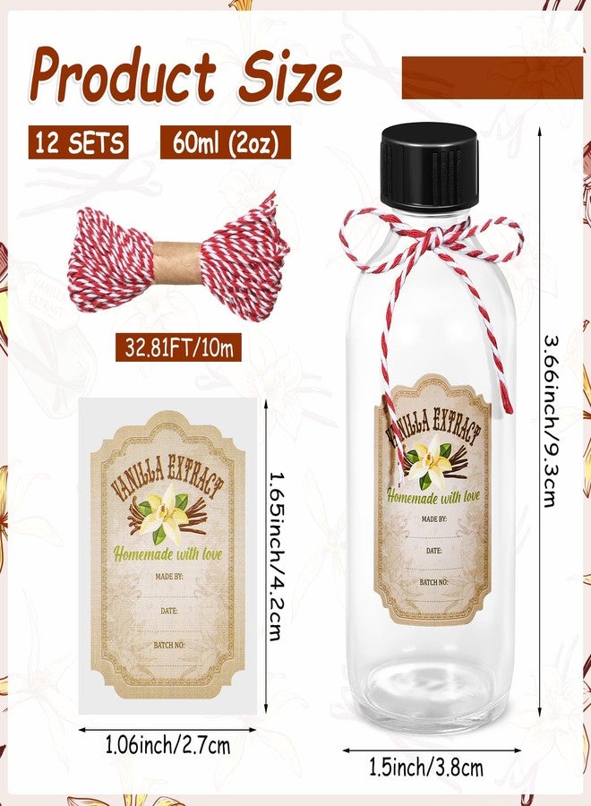 Uiifan مجموعة من 12 زجاجة من خلاصة الفانيليا سعة 2 أونصة من Uiifan، زجاجات زجاجية كهرمانية مستديرة مع أغطية و12 قطعة من ملصقات خلاصة الفانيليا للشراب، هدية، مجموعة علب تخزين طعام زجاجية، صلصة، فاصوليا (شفافة). - Image 2