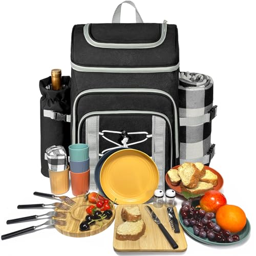 Hap Tim Picnic Basket Backpack for 4 Person with Blanket Insulated Leakproof Cooler Compartment Wine Holder Cutlery Set Engagement Gifts for Couples White Elephant Gift Ideas Black 36221DG - Image 1